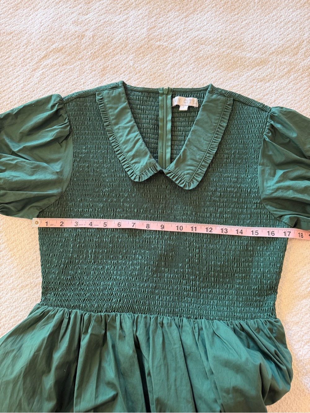 Ivy City Addie Midi Dress in Green Large Puff Sleeves Smocked - Picture 6 of 10